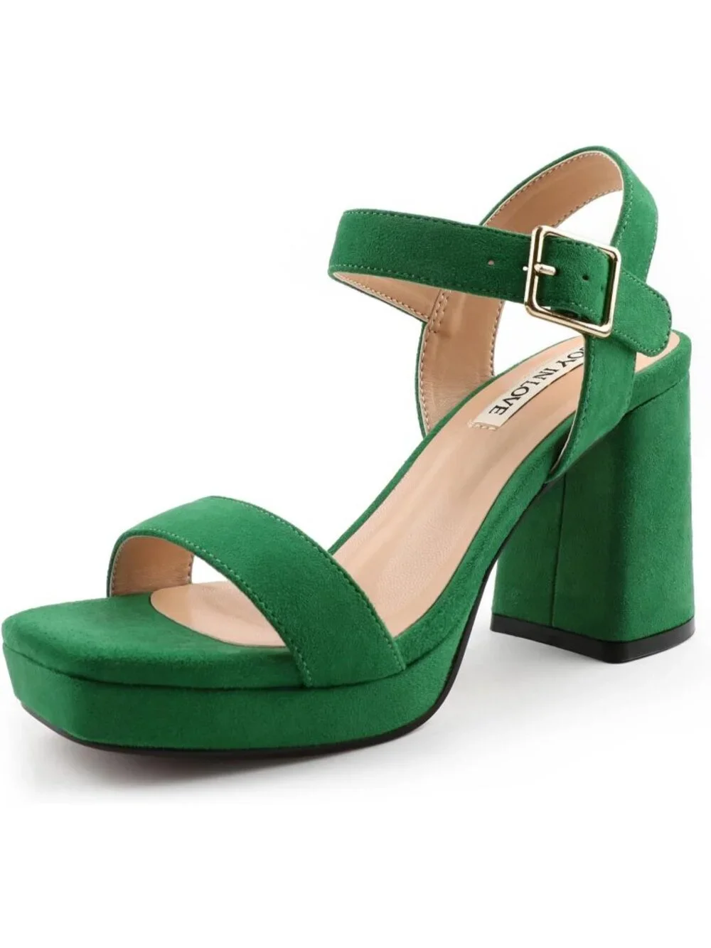 Women's Green Square Open Toe Adjustable Ankle Strap Chunky Block Heel Sandals